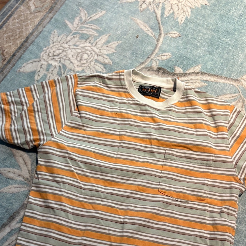 BEAMS Men's Striped Short Sleeve Tee - Orange and Gray